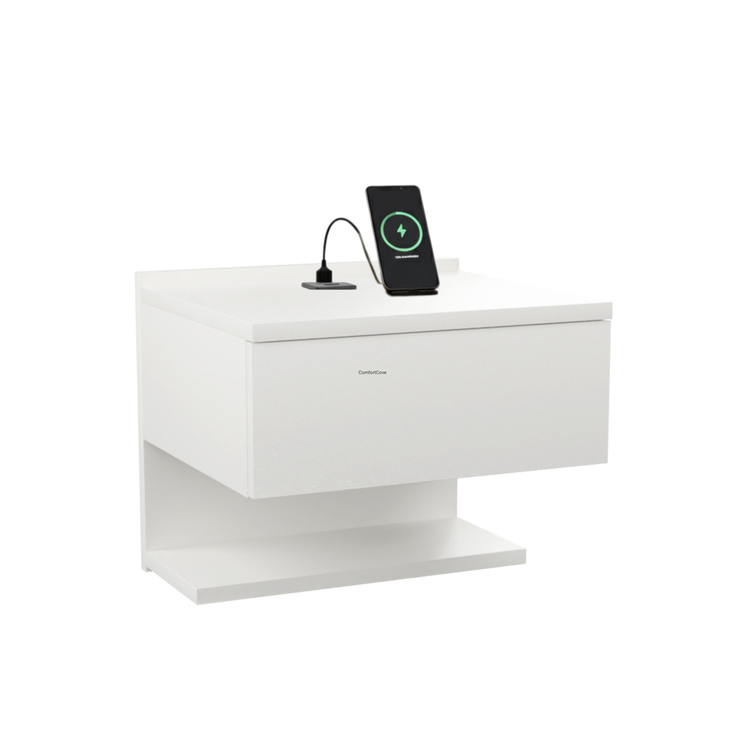 Hängender Nachttisch Weiß mit USB und USB C Anschluss Schublade Regal 35x32x30 cm